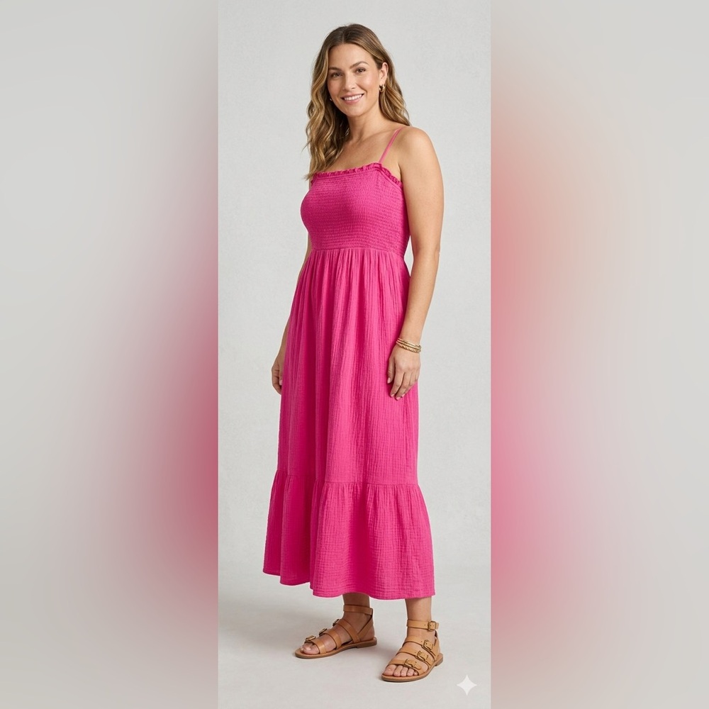 VICI Hot Pink Smocked Gauze Maxi Dress - Small